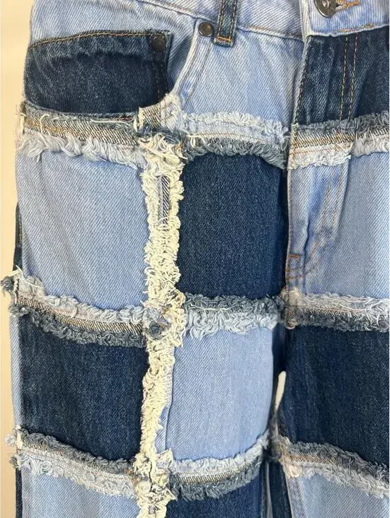 RAGGED JEANS Womens 24 Blue Two-Tone Patchwork Frayed Seams Denim RJSS2101020BDN - Picture 3 of 14